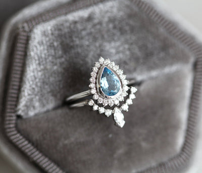 Pear Aquamarine Ring Set with Diamond Halo and Marquise Band
