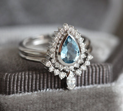 Pear Aquamarine Ring Set with Diamond Halo and Marquise Band