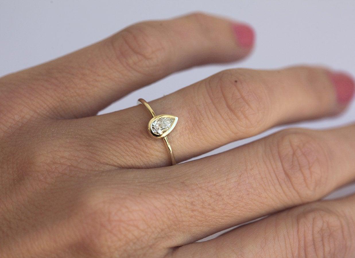 Pear Diamond Bezel Engagement Solitaire Ring-Capucinne