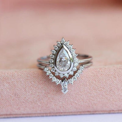 Pear Diamond Ring with Halo Diamond Crown Band
