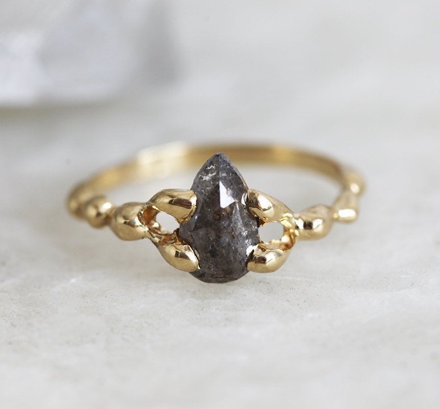 PEAR ROSE CUT DIAMOND RING, RAW GOLD ENGAGEMENT RING WITH PEAR CUT DIAMOND-Capucinne