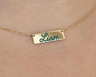 Gold bar necklace with turquoise personalized name inlay