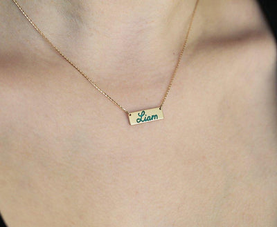 Gold bar necklace with turquoise personalized name inlay