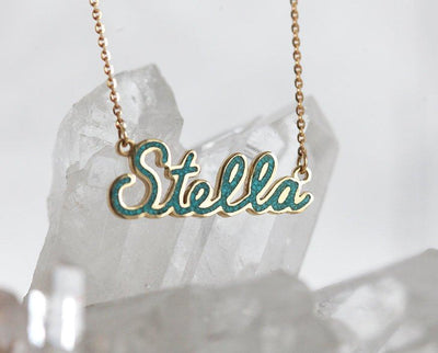 Gold necklace with turquoise personalized name inlay