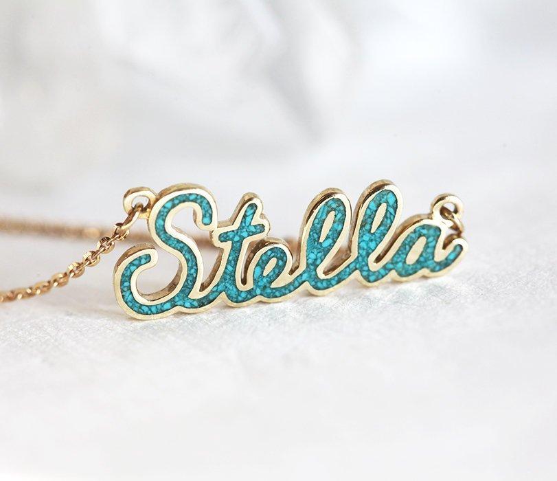 Gold necklace with turquoise personalized name inlay