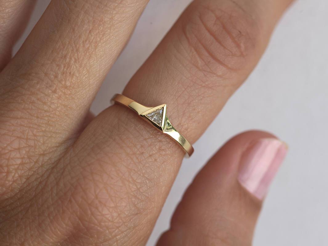 Petite 0.11C Triangle Cut Diamond Ring With Flared Gold Band-Capucinne