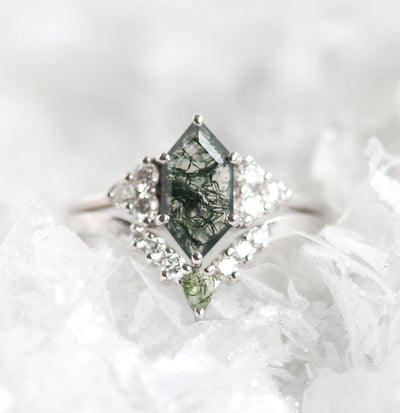Hexagon Moss Agate Ring Set With Accent White Diamonds and a Nesting Wedding Band