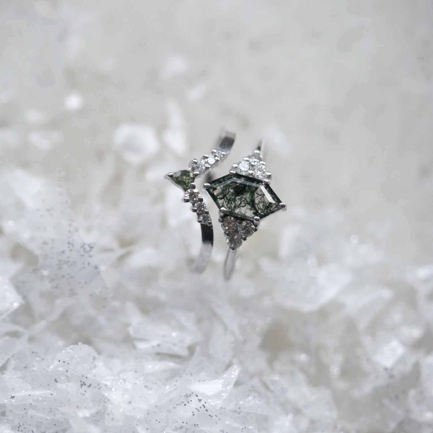 Hexagon Moss Agate Ring Set With Accent White Diamonds and a Nesting Wedding Band