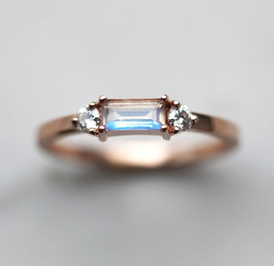 Baguette Moonstone Engagement Ring with Side Round White Diamonds