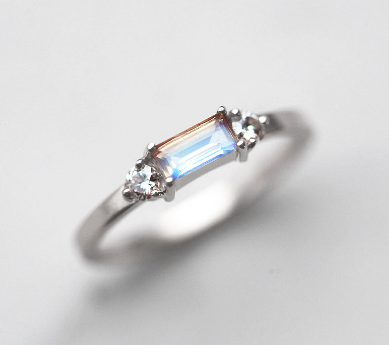 Baguette Moonstone Engagement Ring with Side Round White Diamonds