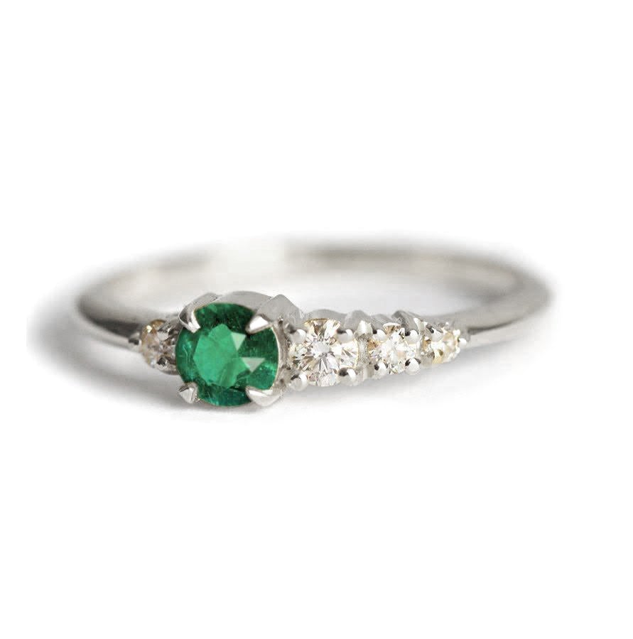 Round Emerald Cluster Ring with Asymmetrically Placed White Diamonds