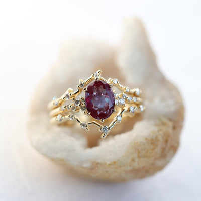Oval Alexandrite Ring Set with Upper and Lower Bands holding Round White Diamonds
