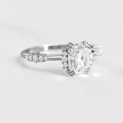 Radiant-cut white diamond cluster ring
