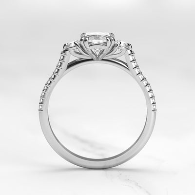 Radiant half pave white diamond ring with accent stones