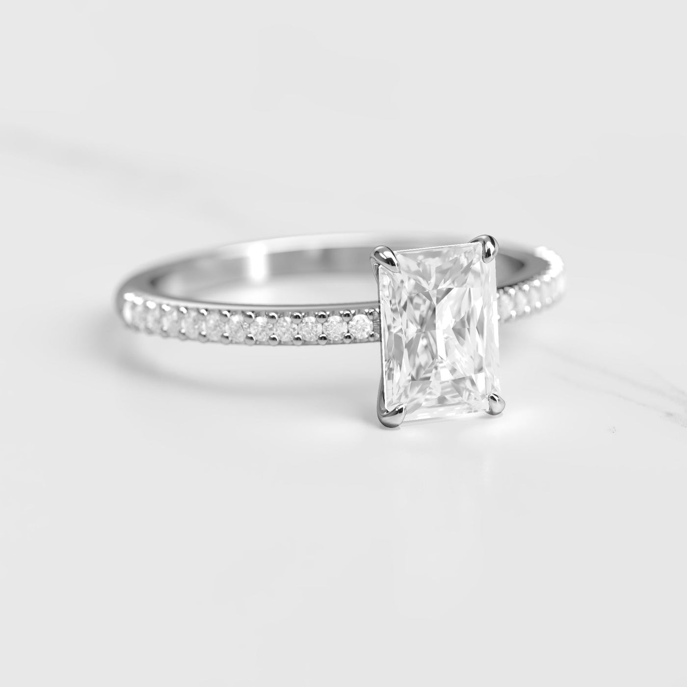 Radiant half pave moissanite eternity ring