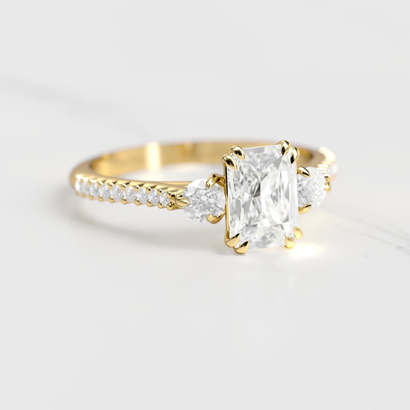 Radiant half pave white moissanite ring with accent stones