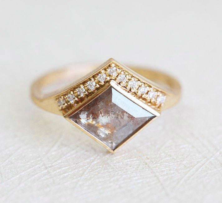 Kite Salt & Pepper Diamond, Yellow Gold Ring with Round Side Diamonds