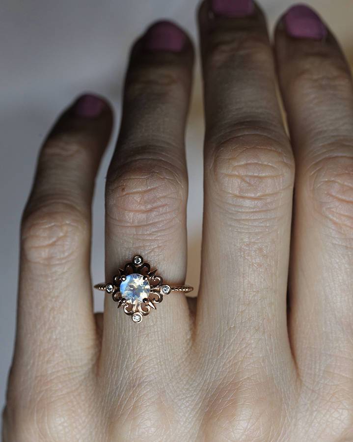 Round Moonstone Engagement Ring with Symmetrical Round White Diamonds