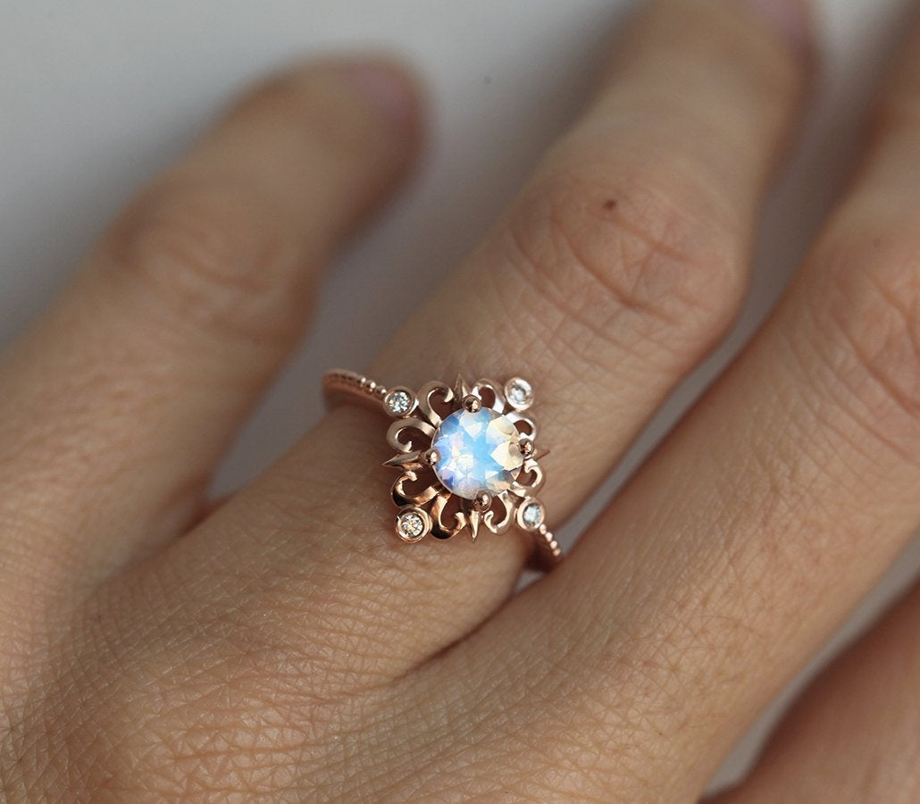 Round Moonstone Engagement Ring with Symmetrical Round White Diamonds
