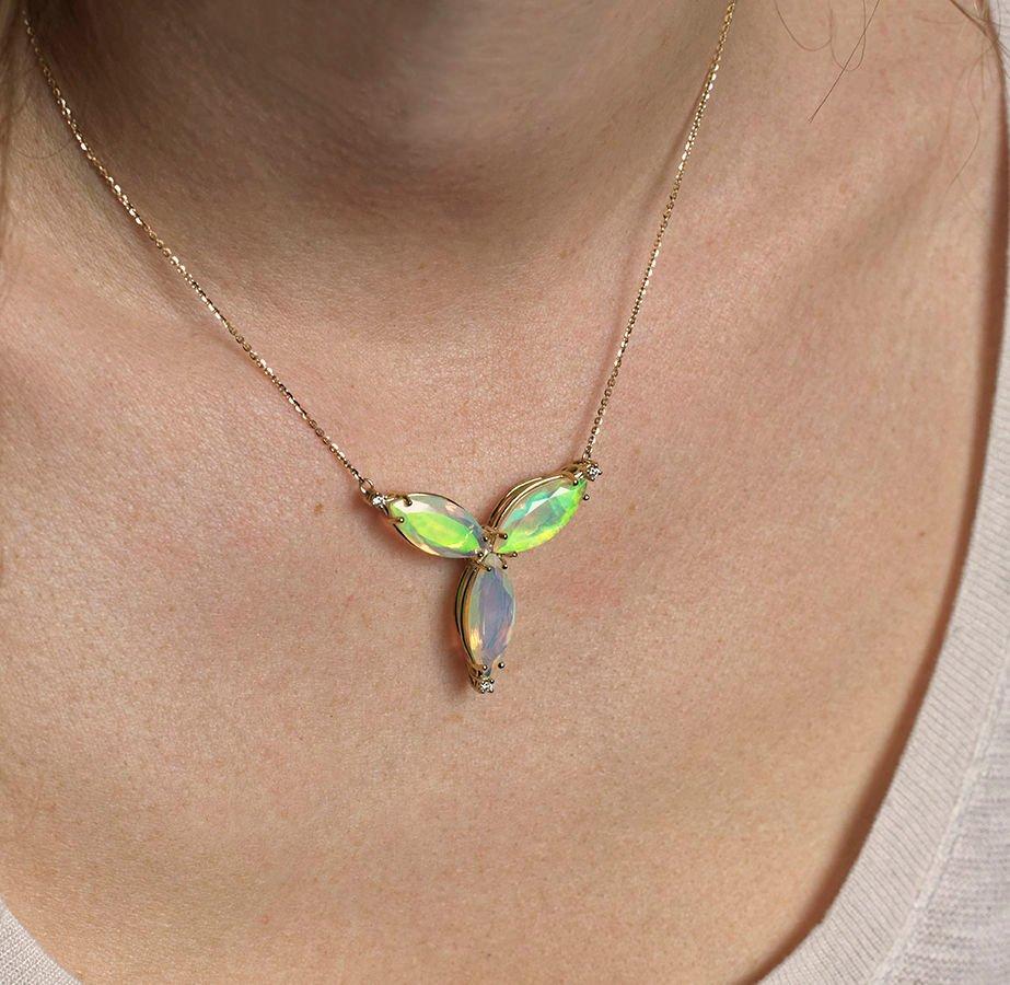 Marquise-cut australian opal floral gold necklace