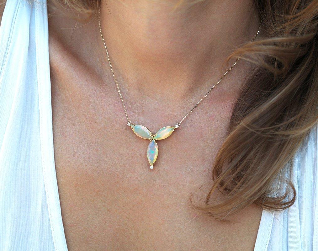 Marquise-cut australian opal floral gold necklace