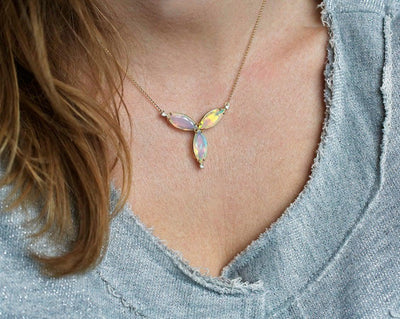 Marquise-cut australian opal floral gold necklace