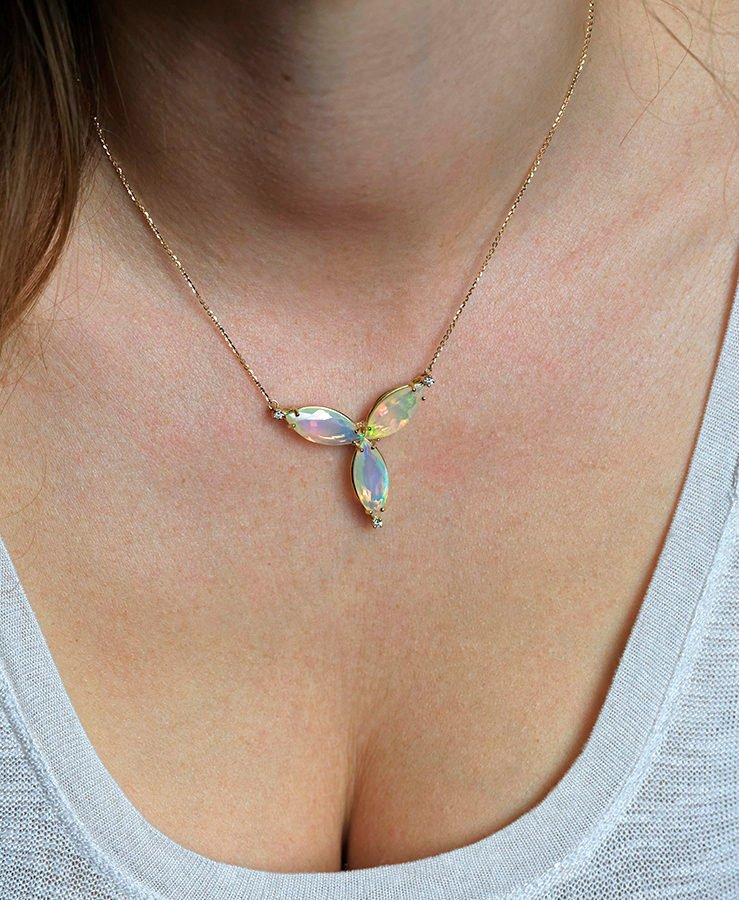 Marquise-cut australian opal floral gold necklace