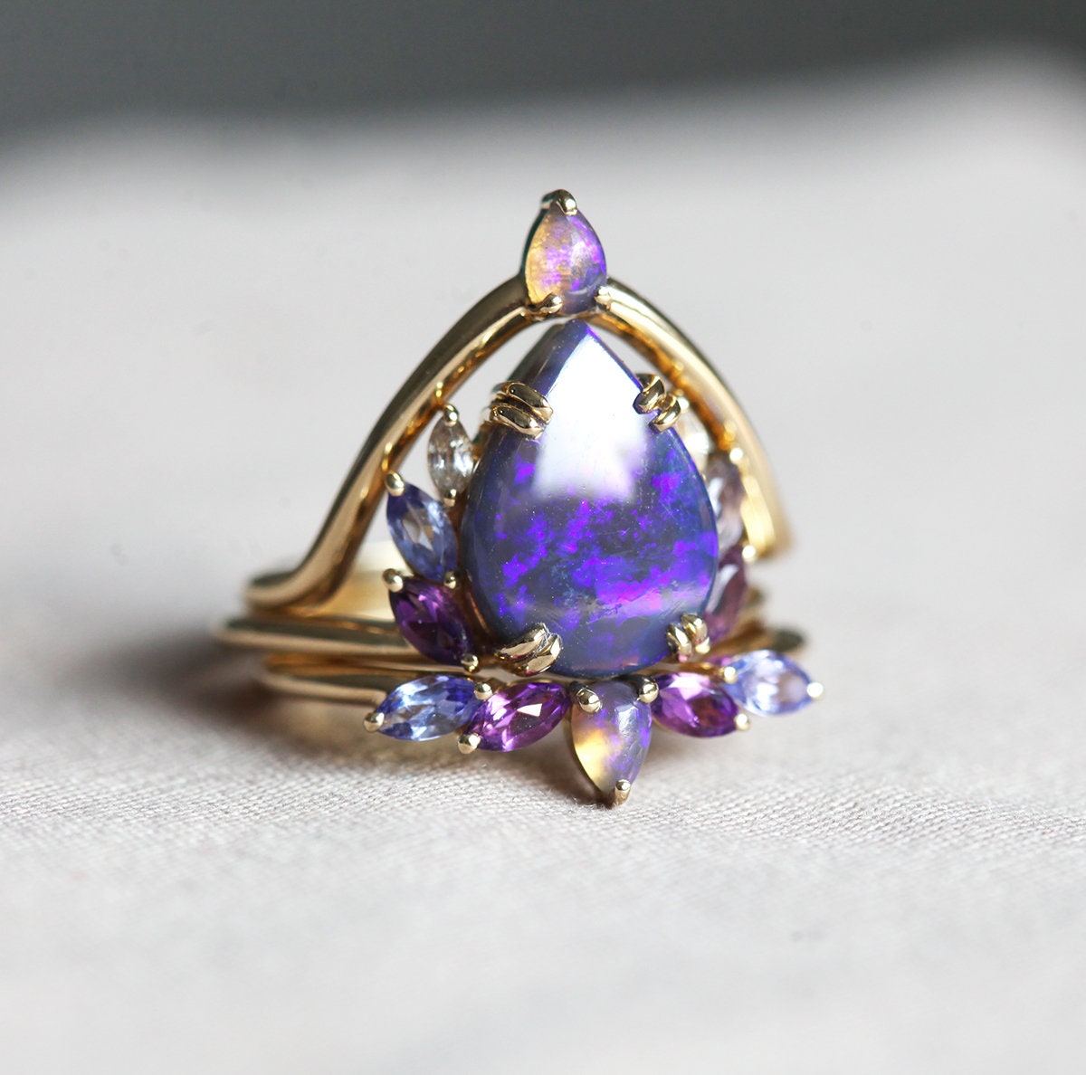 Australian Solid Black Opal Cluster Ring Set with Side Amethysts, Tanzanites and White Diamonds