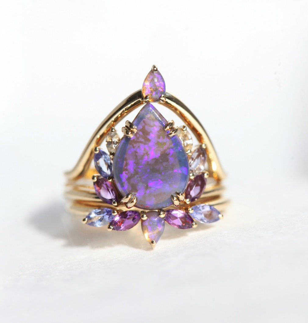 Australian Solid Black Opal Cluster Ring Set with Side Amethysts, Tanzanites and White Diamonds