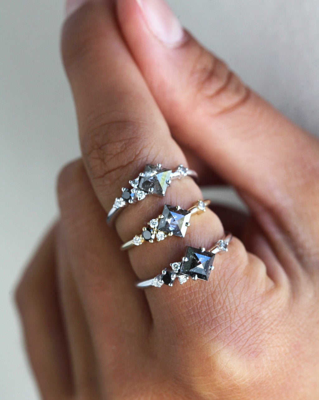 3 Square Salt & Pepper Diamond Cluster Ring with Side White, Black and Salt & Pepper Diamonds