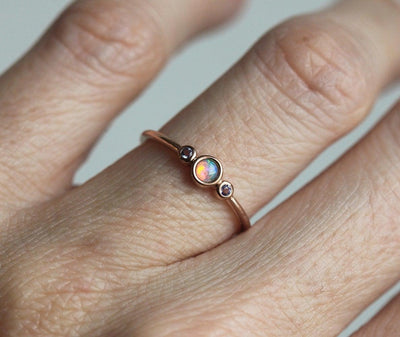 3-Stone Round Opal Ring with 2 Side Round Tanzanite Gemstones