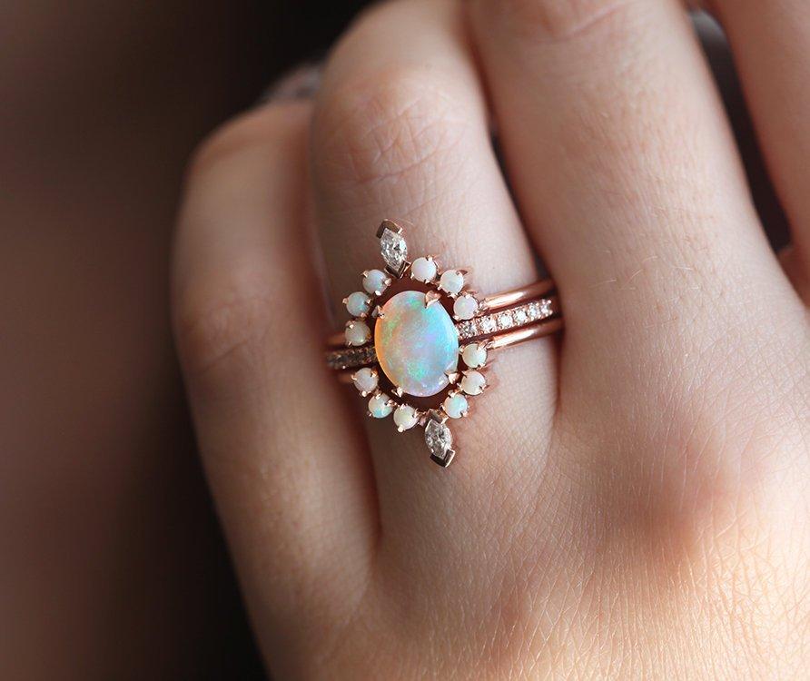 White Oval Opal Ring Set with Half Eternity White Diamond Band
