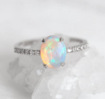 White Oval Opal Ring with Half Eternity White Diamond Band