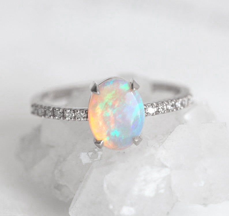 White Oval Opal Ring with Half Eternity White Diamond Band