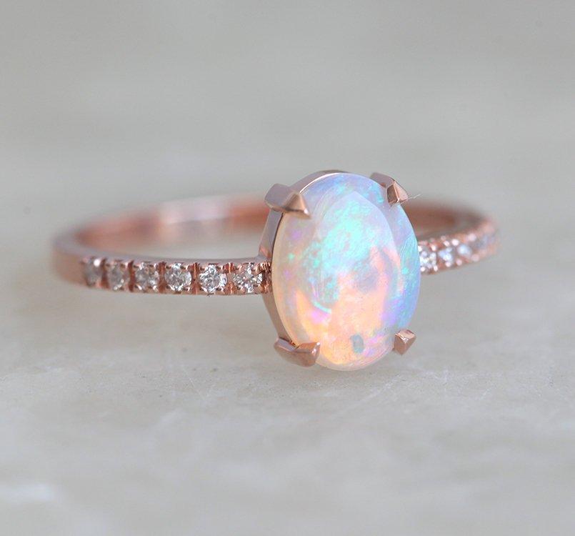 White Oval Opal Ring with Half Eternity White Diamond Band