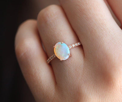 White Oval Opal Ring with Half Eternity White Diamond Band