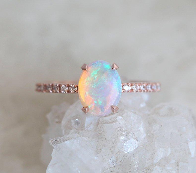 White Oval Opal Ring with Half Eternity White Diamond Band