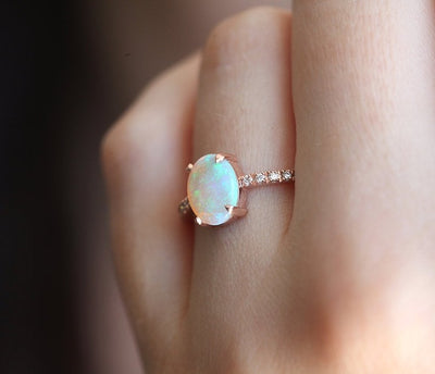 White Oval Opal Ring with Half Eternity White Diamond Band