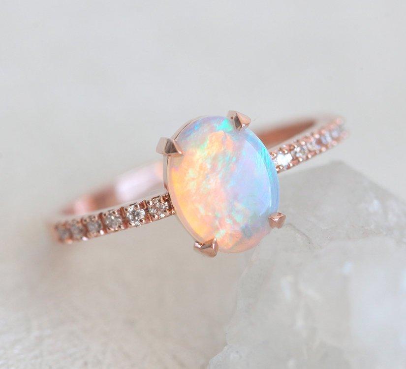 White Oval Opal Ring with Half Eternity White Diamond Band