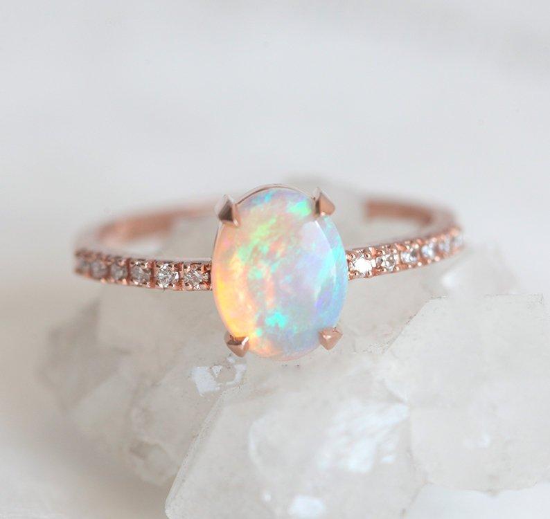 White Oval Opal Ring with Half Eternity White Diamond Band