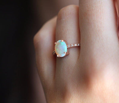 White Oval Opal Ring with Half Eternity White Diamond Band