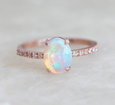 White Oval Opal Ring with Half Eternity White Diamond Band