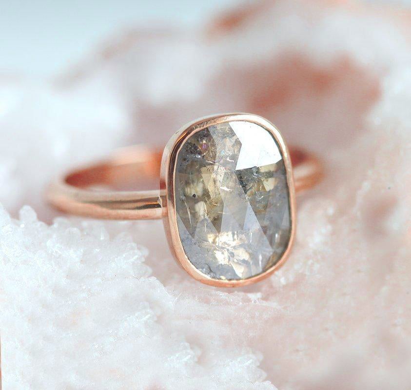 Cushion Salt & Pepper Diamond, Rose Gold Ring