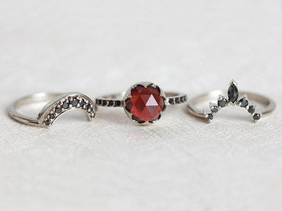 Unique Round Garnet Ring Set with Side Marquise Cut and Round Black Diamonds