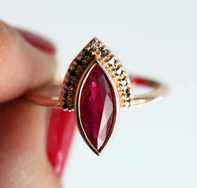 Marquise Cut Ruby Engagement Ring Set with Round Black and White Diamonds