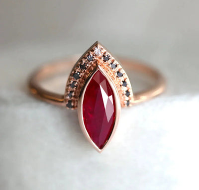 Marquise Cut Ruby Engagement Ring Set with Round Black and White Diamonds