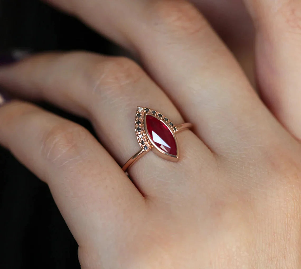 Marquise Cut Ruby Engagement Ring Set with Round Black and White Diamonds