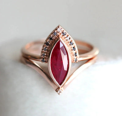 Marquise Cut Ruby Engagement Ring Set with Round Black and White Diamonds