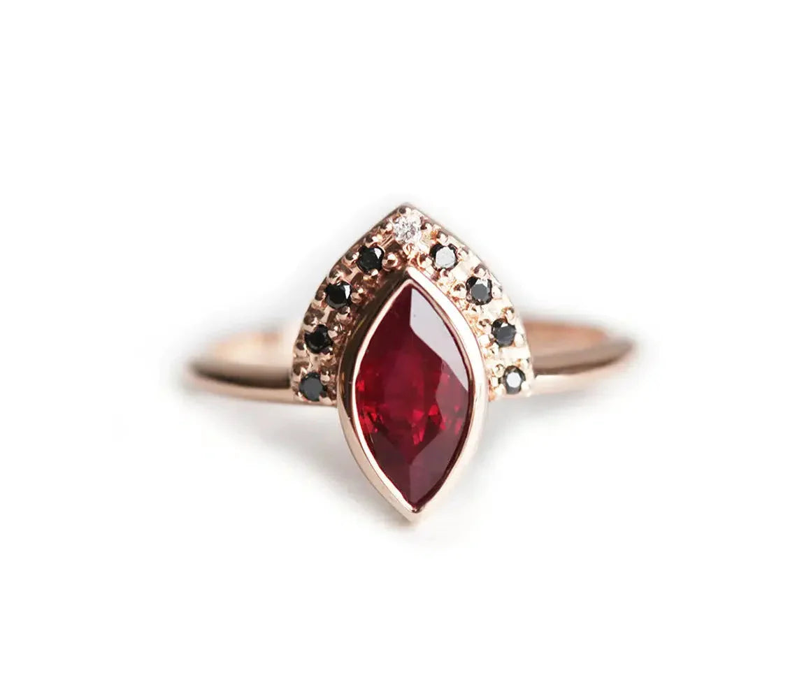 Marquise Cut Ruby Engagement Ring Set with Round Black and White Diamonds Featuring A Chevron Band