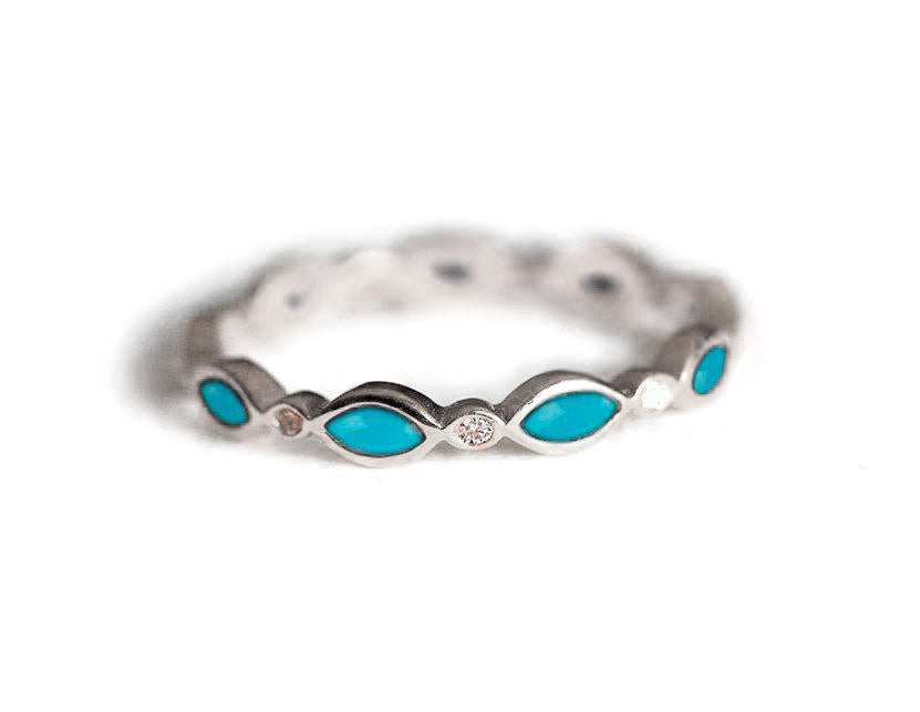 Marquise Turquoise Eternity Ring with Round White Diamonds